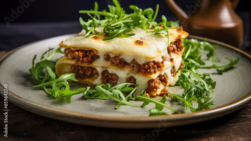 Lasagna bolognese with beef, tomato sauce and arugula