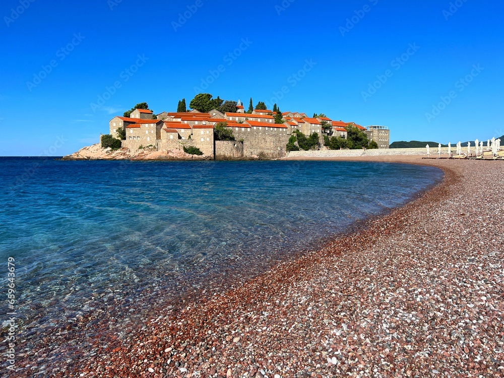 Montenegro Adriatic sea beach in Sveti Stefan luxury resort, Budva riviera