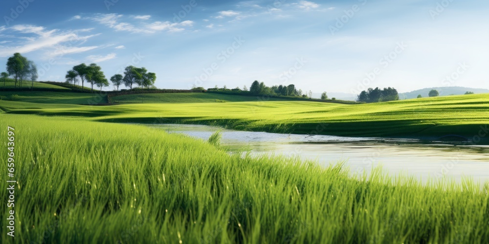 Green Field with a Small Stream Flowing Through, Set Against a Summer ...