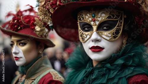 Bellissima coppia con maschere e costumi a una festa del carnevale di Venezia di sera