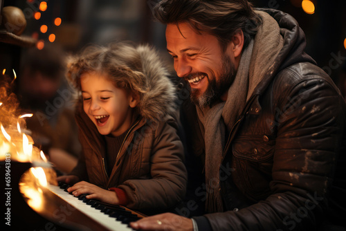 A joyful family gathering around the piano, singing Christmas carols together in harmony. Generative Ai.