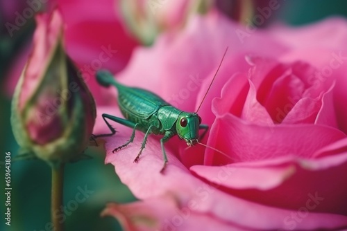 Close-up view of a green insect perched on a beautiful pink rose in a field. Generative AI