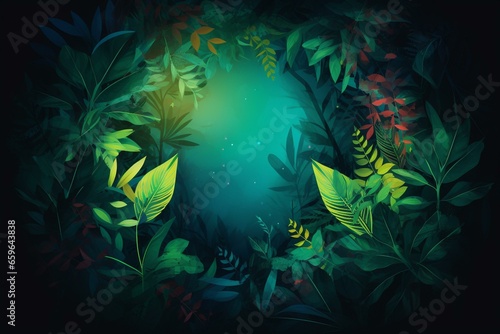 Image of lush tropical foliage with vibrant green leaves and a glowing circular backdrop. Generative AI