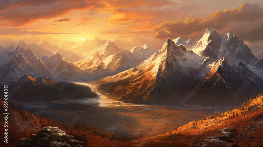Mountains in the clouds at sunset. Beautiful mountains while orange sunset with clouds in sky.  Mountains tops. Wild nature, AI generated. Beautiful landscape with sun and clouds. 3d illustration.
