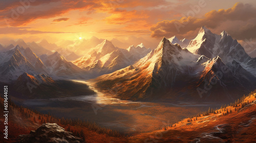 Mountains in the clouds at sunset. Beautiful mountains while orange sunset with clouds in sky. Mountains tops. Wild nature, AI generated. Beautiful landscape with sun and clouds. 3d illustration.