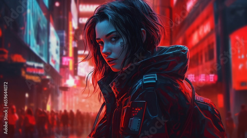 Futuristic cyberpunk woman in the city at night. Female cosplay character in a futuristic city. Beautiful young cyborg girl in tech wear in a neon-lit busy evening street. - AI generated 3d render.