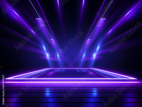 Vibrant Abstract Purple Neon Light Stage with Spotlight in the Dark photo