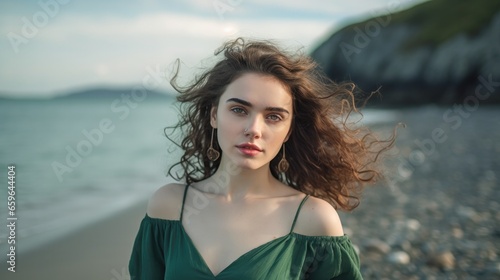 Portrait of one young woman at the beach enjoying free time and freedom outdoors. Having fun relaxing and living happy moments.. #659644404