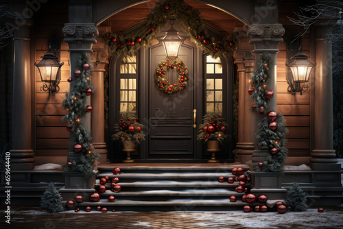 A beautifully decorated front door with a Christmas wreath and twinkling lights, welcoming guests to a holiday gathering. Generative Ai.