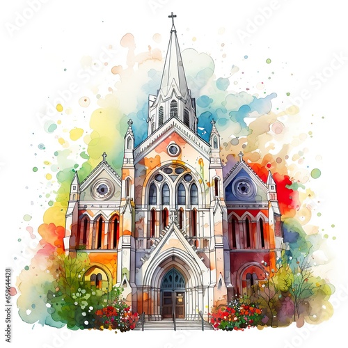 Drawing of a church on a white background.