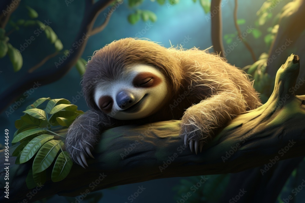 Fototapeta premium Languid Sloth sleeping. Tropical cute animal. Generate Ai