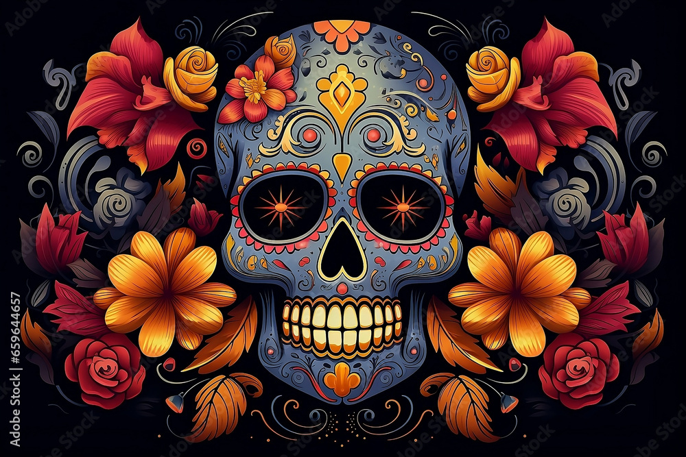 Blue skull mask with flower decorations for Mexican Day of Death on black background. Blue skull mask with flower decorations for Mexican Day of Death on black background.