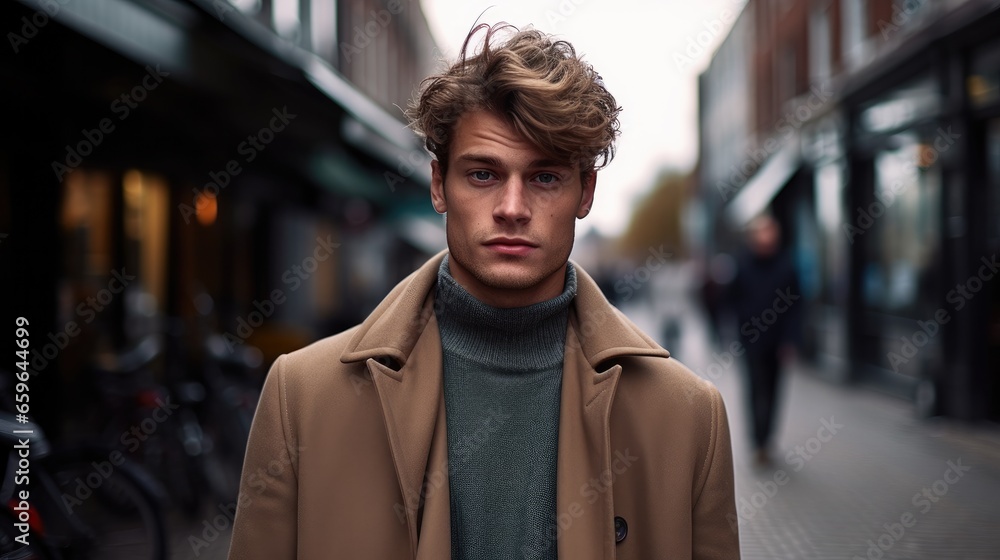 Fototapeta premium Elegant young handsome man wearing a coat on the city street.