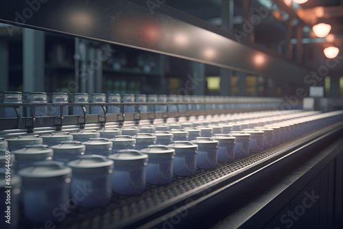 Production of yogurt, sour cream, kefir and other fermented milk products with bifidobacteria, jars on the assembly line of the plant. Generative AI.