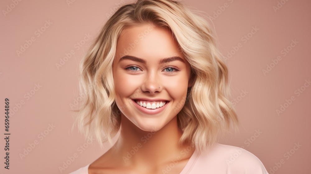 Smiling young woman with blonde long groomed hair isolated on a pastel flat background with copy space. Blonde hair care products banner template, hair salon. Smiling young woman with blonde long groomed hair isolated on a pastel flat background with copy space. Blonde hair care products banner template, hair salon.