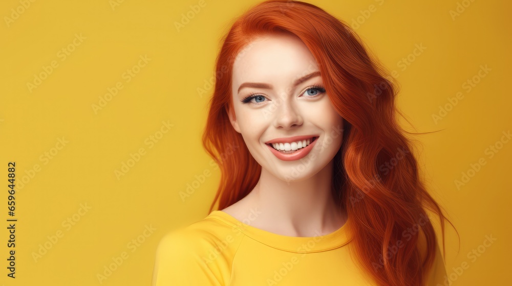 Fototapeta premium Closeup of a happy pretty redhead young woman with long wavy hair and freckles wearing a stylish t-shirt feels satisfied and looks confident isolated over a yellow background.