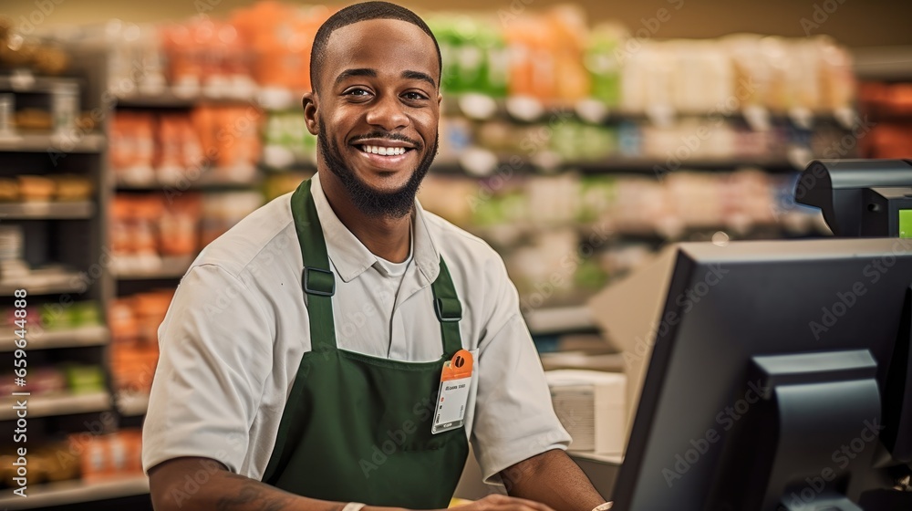 Fototapeta premium Smiling, young and attractive salesman, cashier serving customers.