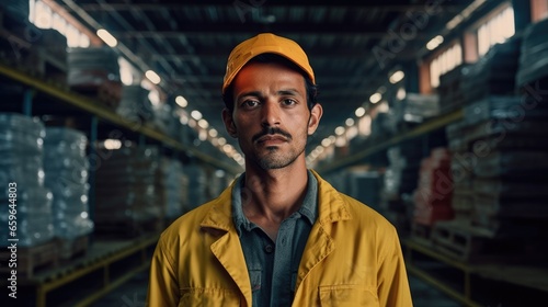Portrait of factory worker in the background of a production line.