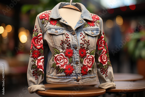 Stylish denim jacket featuring intricate red floral embroidery on sleeves and front