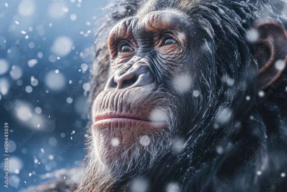 Monkey looking up at the falling snow . AI generative art