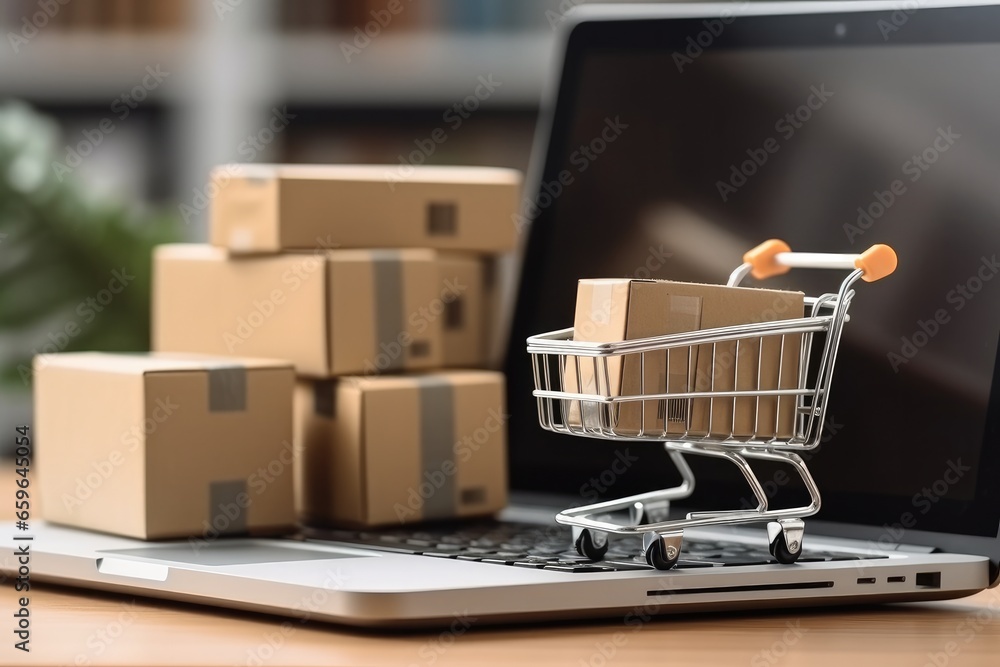 Product package boxes in cart and laptop computer with blurred web store shop on screen for online shopping and delivery concept