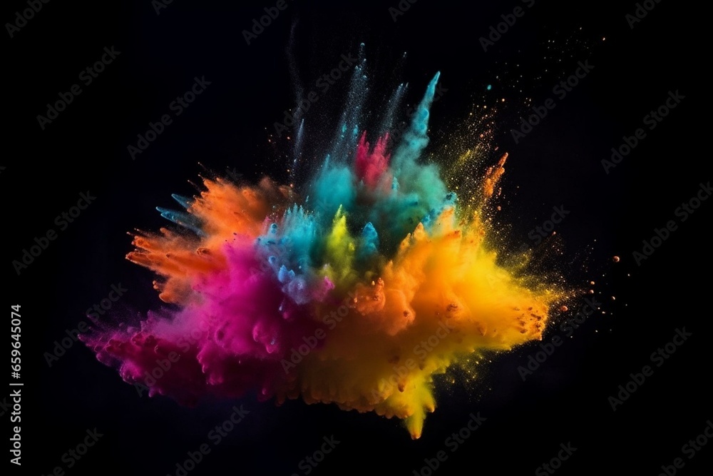 Colorful burst of powder on dark backdrop. Vibrant cloud explodes with bright dust. Festive holi celebration. Generative AI