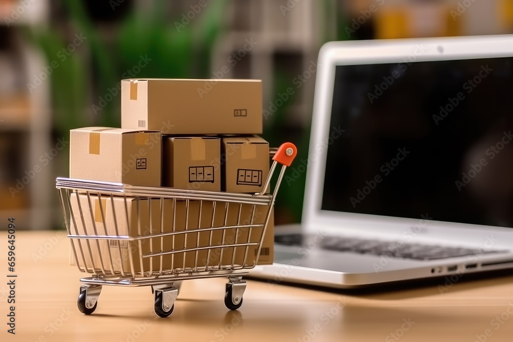 Boxes with shopping cart on a laptop computer. online shopping, Marketplace platform website, technology, e-commerce, shipping delivery, logistics and online payment concepts