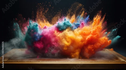 Colorful powder paint explosion on product display frame with neon lines and glowing lights. Futuristic wallpaper. 