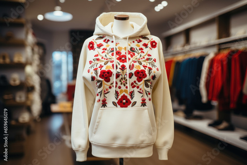 White embroidered hoodie on mannequin in shop