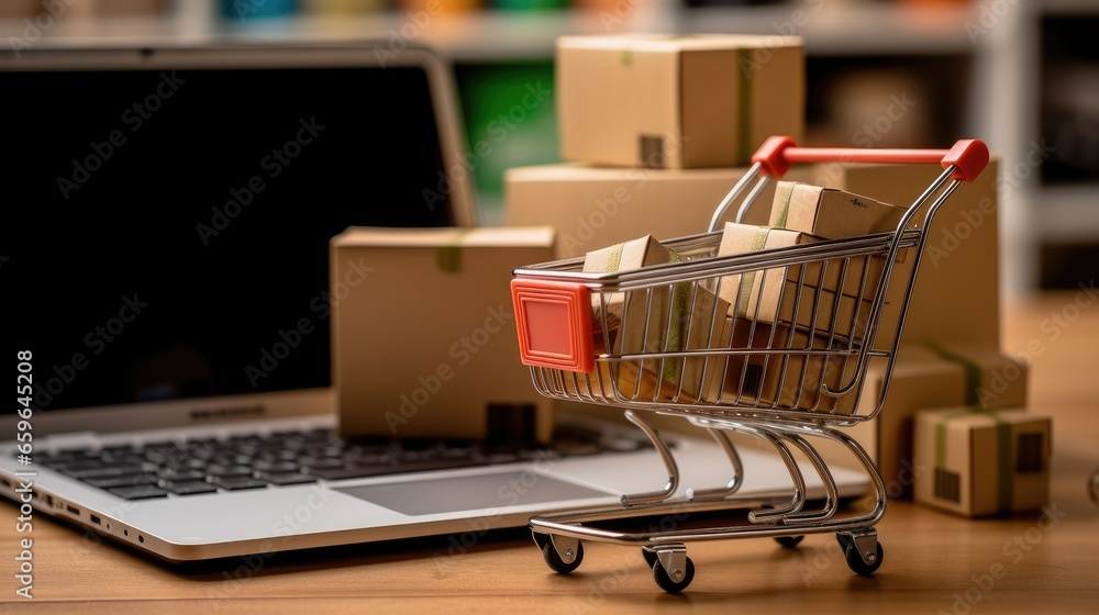 Shopping cart and laptop, background, online stores concept