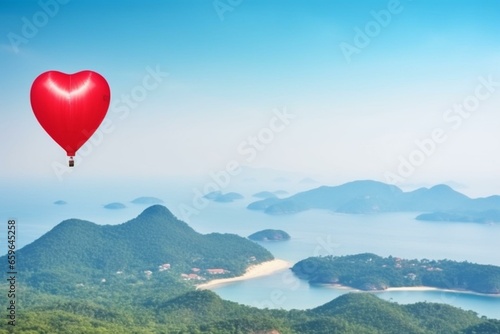 Red heart balloon over tropical sea and mountain on Valentines day. Generative AI