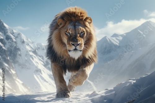 Portrait of lion in winter landscape. AI generative art