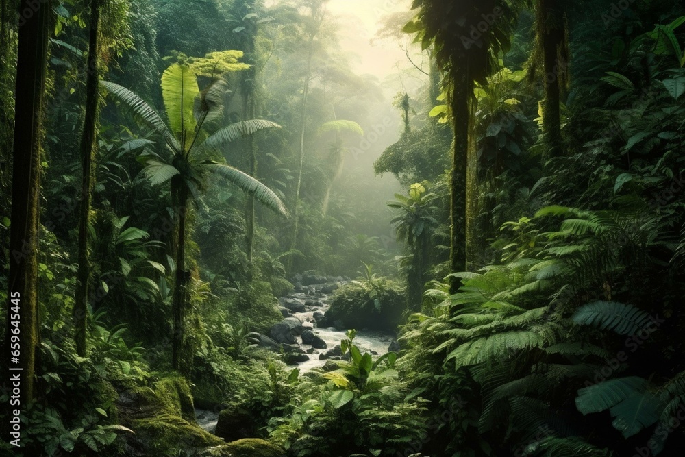 Image of a lush rainforest background. Generative AI