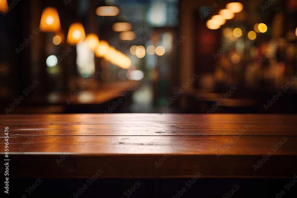 empty wooden table with blurred cafe bar background, product display background