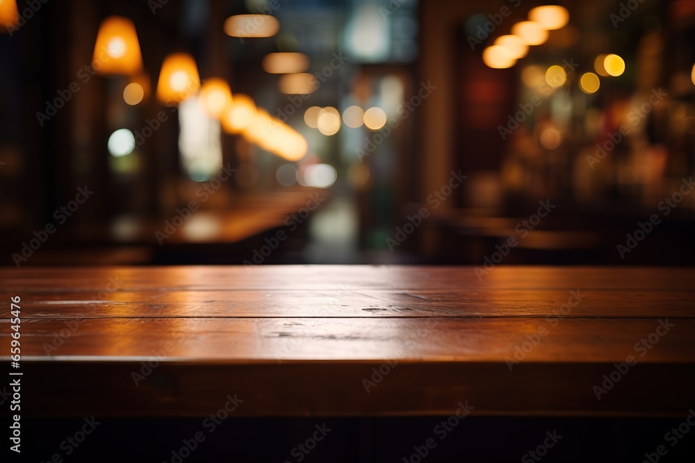 empty wooden table with blurred cafe bar background, product display background empty wooden table with blurred cafe bar background, product display background