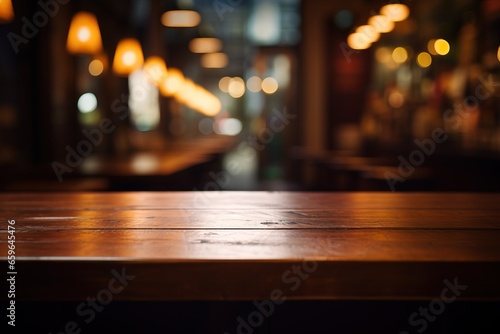 empty wooden table with blurred cafe bar background, product display background © Omid
