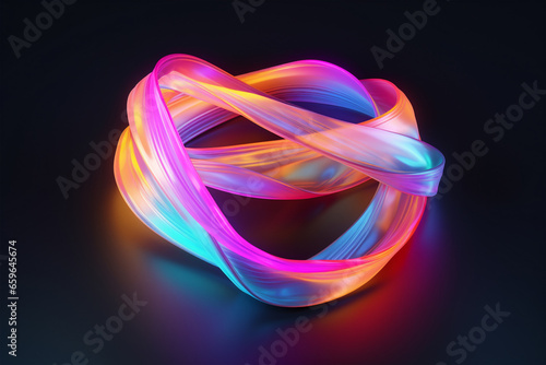 Neon fluorescent slingshots curling around on themselves on black background