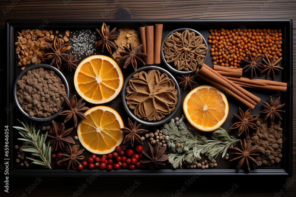 Christmas spices on wooden background with orange, gingerbread Christmas spices on wooden background with orange, gingerbread
