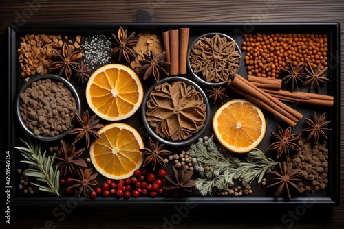 Christmas spices on wooden background with orange, gingerbread