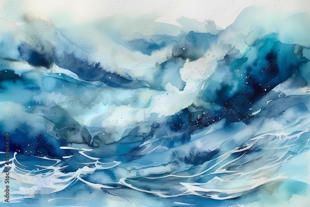 Watercolor blue sea waves with splashes background. Abstract ocean backdrop.