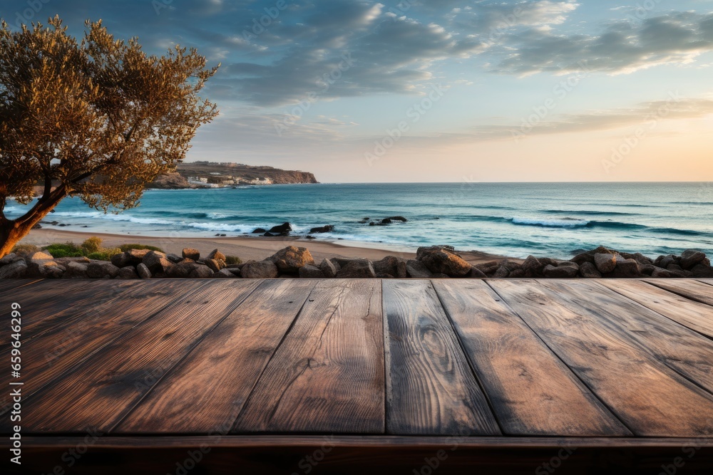 Wooden table overlooking the ocean