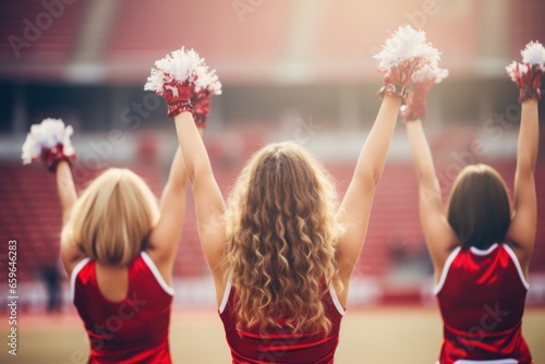 Lively Cheerleaders cheering game. Female school uniform. Generate Ai © juliars