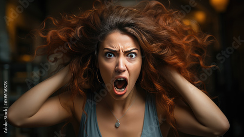 Bad Hair Day: Brunette with Curly Hair Expressing Frustration and Anger