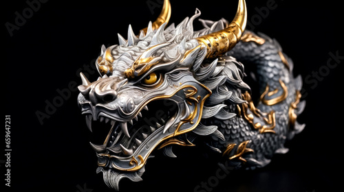Dragon head on a black background  close-up  isolated.