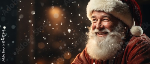 Smiling bearded santa claus man wearing eyeglasses and hat. © Synthetica