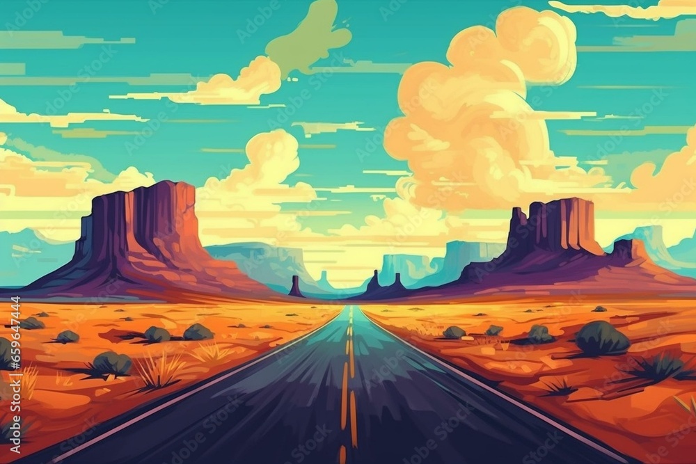 An illustration of a travel and vacation background with a desert road. Generative AI