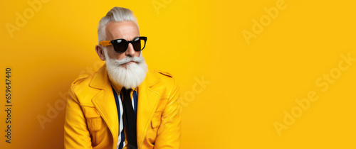 Portrait of a 60 year old fashionable hipster on bright color studio background