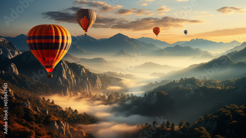 Colorful balloons fly over the mountains, there is a river and a sea of mist. © JKLoma