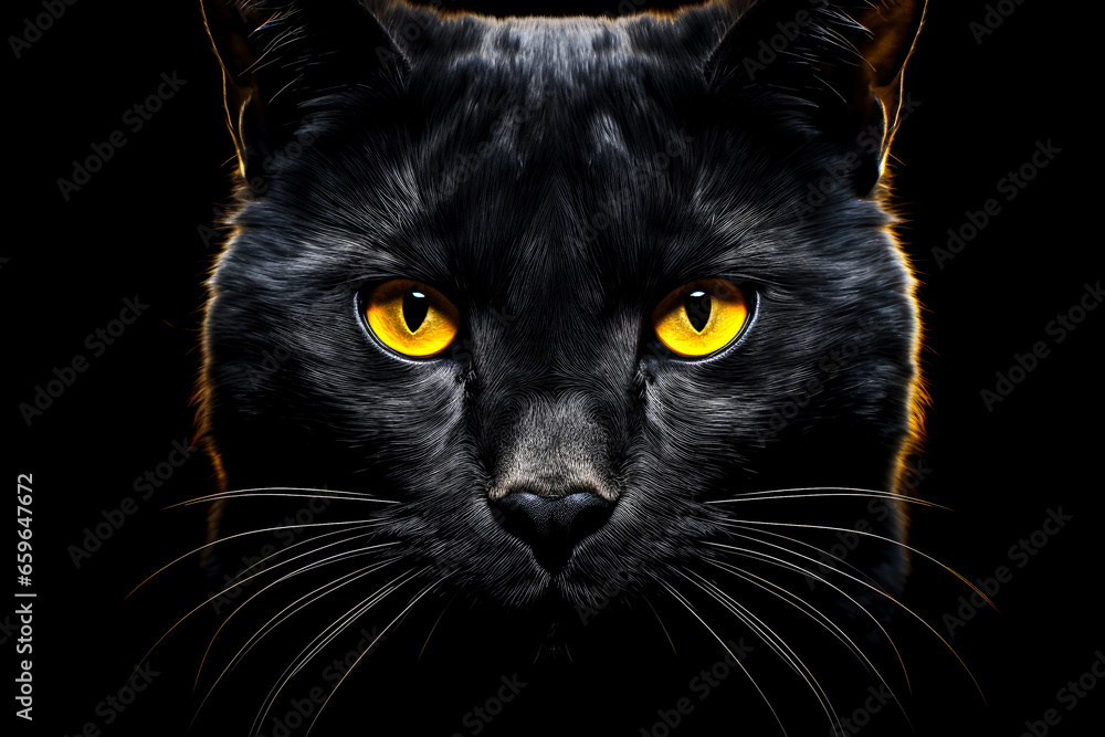 Close-up portrait of a black cat with yellow eyes on a black background Close-up portrait of a black cat with yellow eyes on a black background