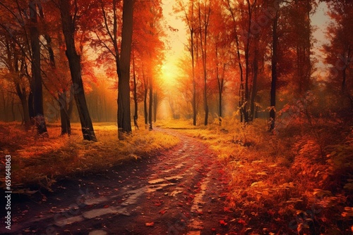 Sunlit autumn path. Generative AI